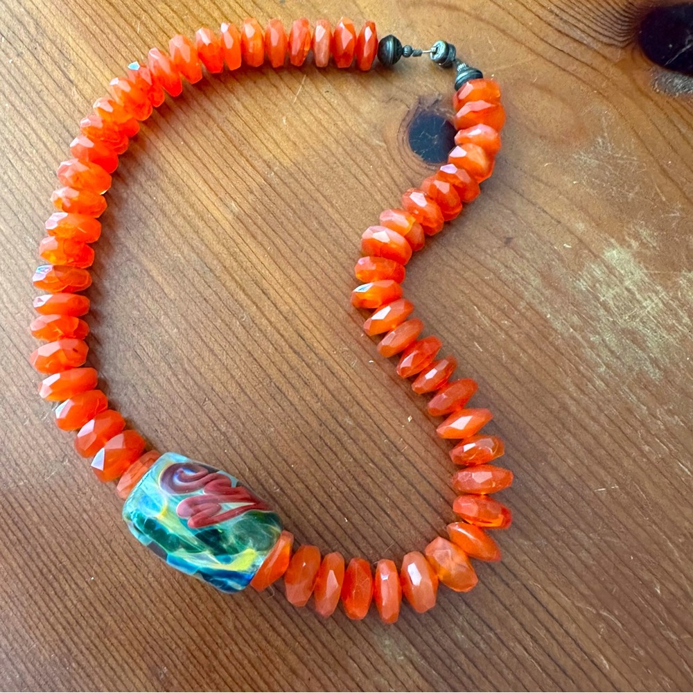 High Quality Carnelian & Lampwork Glass Choker Necklace Bright Colorful OOAK